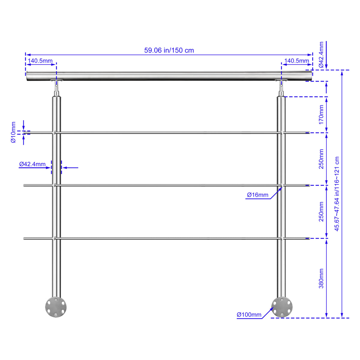 Garde-corps en acier inoxydable 304 3 traverses intérieur ou extérieur Fixation latérale à l'anglaise