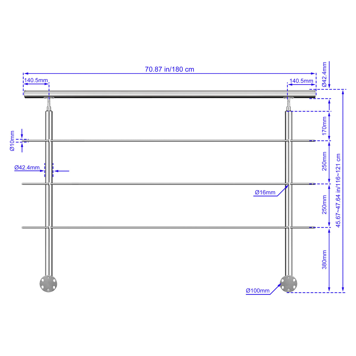Garde-corps en acier inoxydable 304 3 traverses intérieur ou extérieur Fixation latérale à l'anglaise