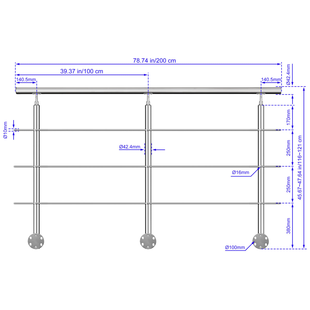 Garde-corps en acier inoxydable 304 3 traverses intérieur ou extérieur Fixation latérale à l'anglaise