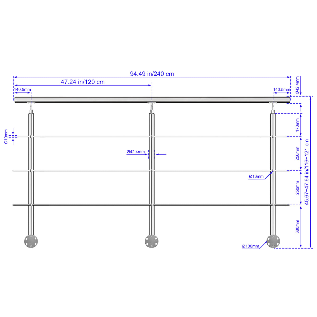 Garde-corps en acier inoxydable 304 3 traverses intérieur ou extérieur Fixation latérale à l'anglaise