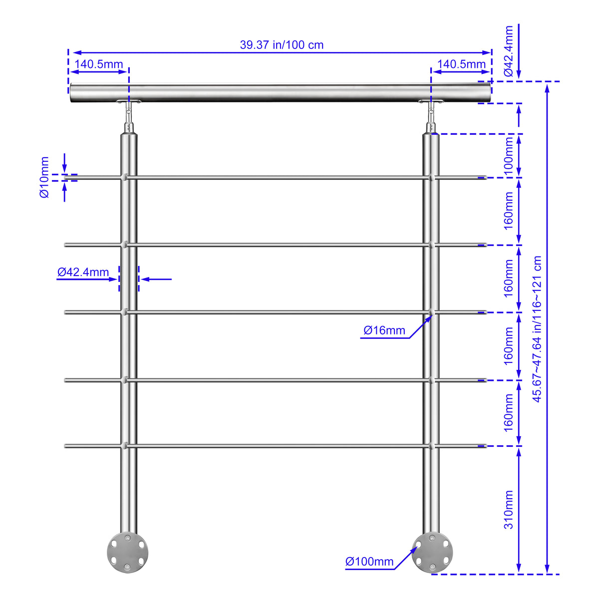 Garde-corps en acier inoxydable 304 5 traverses adapté intérieur ou extérieur Fixation latérale