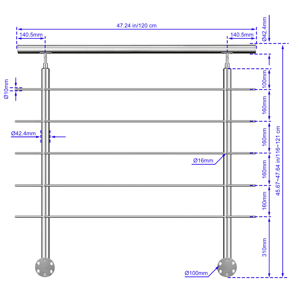 Garde-corps en acier inoxydable 304 5 traverses adapté intérieur ou extérieur Fixation latérale