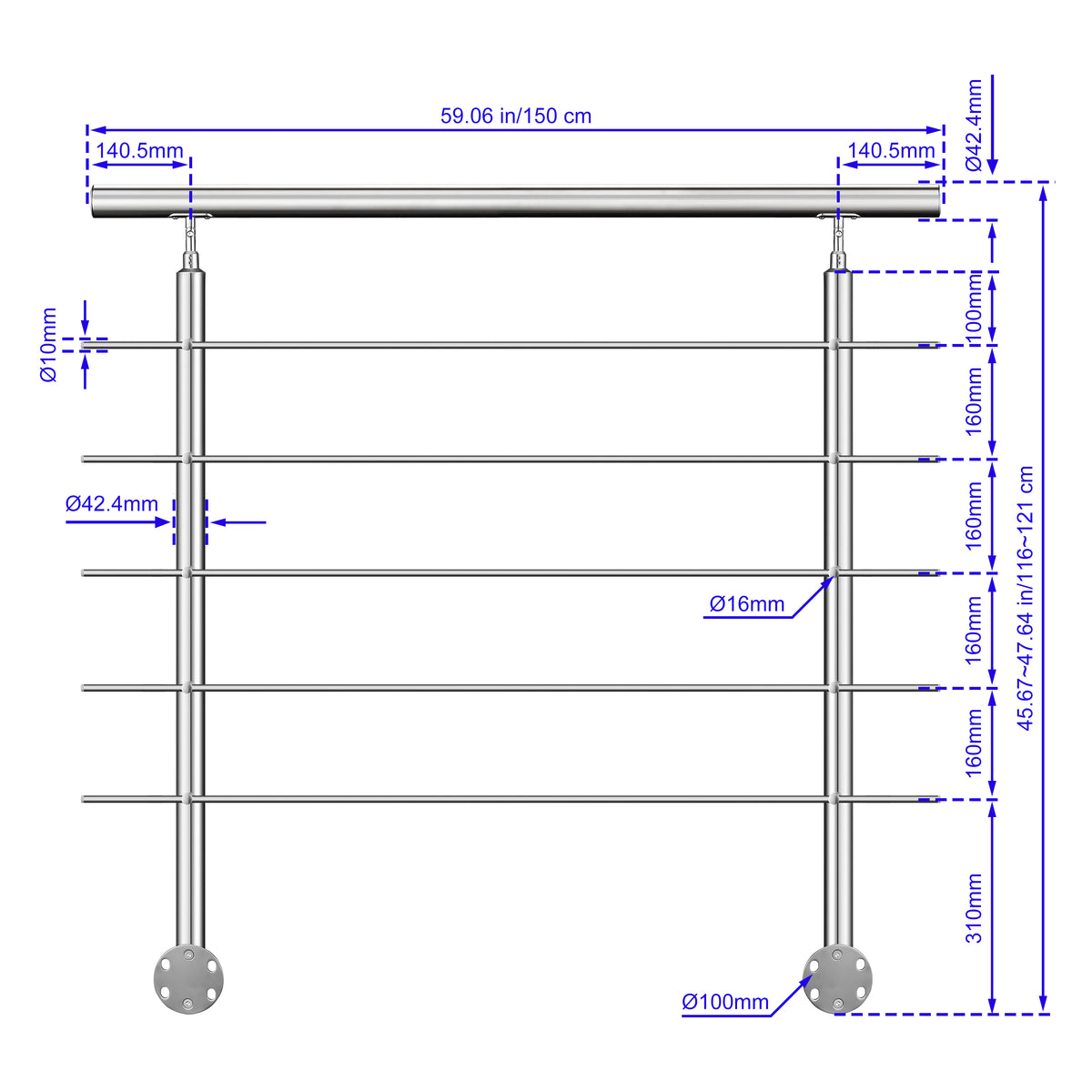 Garde-corps en acier inoxydable 304 5 traverses adapté intérieur ou extérieur Fixation latérale