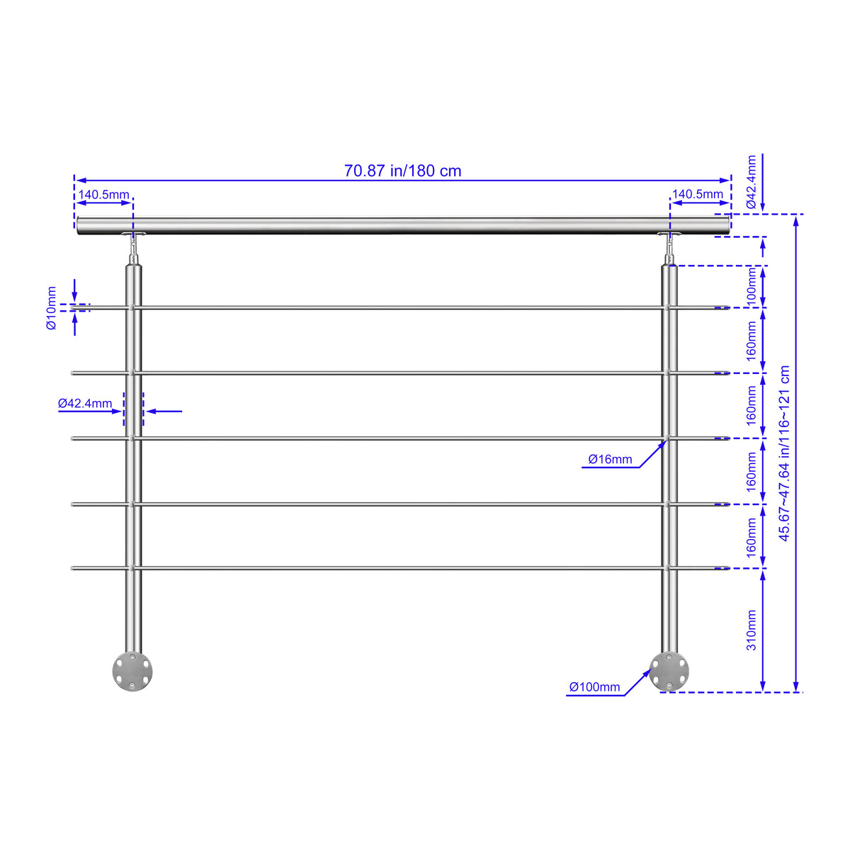 Garde-corps en acier inoxydable 304 5 traverses adapté intérieur ou extérieur Fixation latérale