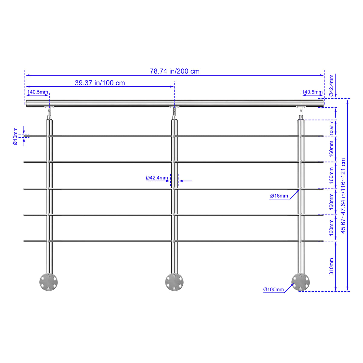 Garde-corps en acier inoxydable 304 5 traverses adapté intérieur ou extérieur Fixation latérale