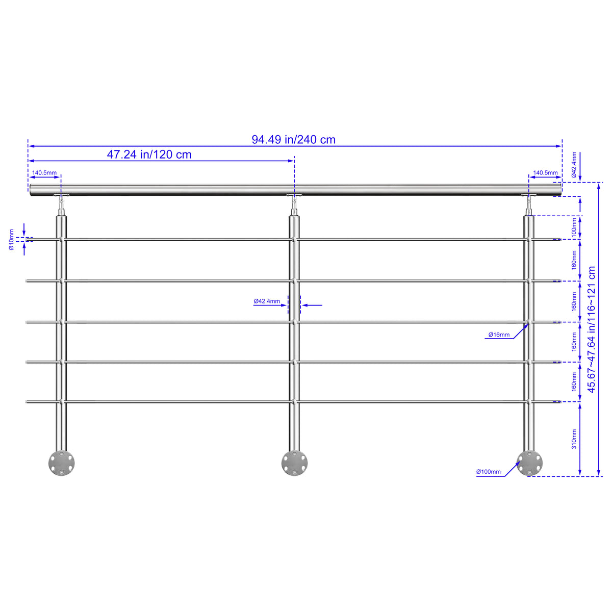 Garde-corps en acier inoxydable 304 5 traverses adapté intérieur ou extérieur Fixation latérale