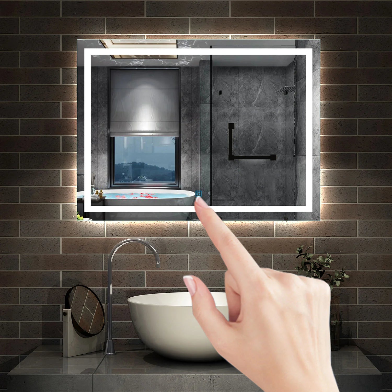 Grand miroir LED pour salle de bain avec bouton tactile