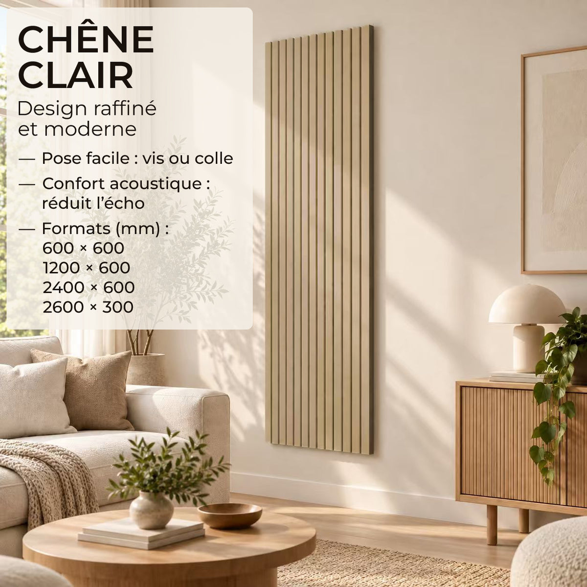 Panneaux acoustique décoratif tasseaux bois finition chêne clair absoption sonore NRC 0,7