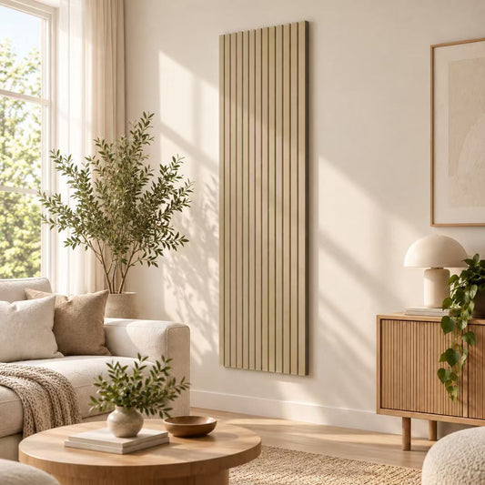 Panneaux acoustique décoratif tasseaux bois finition chêne clair absoption sonore NRC 0,7