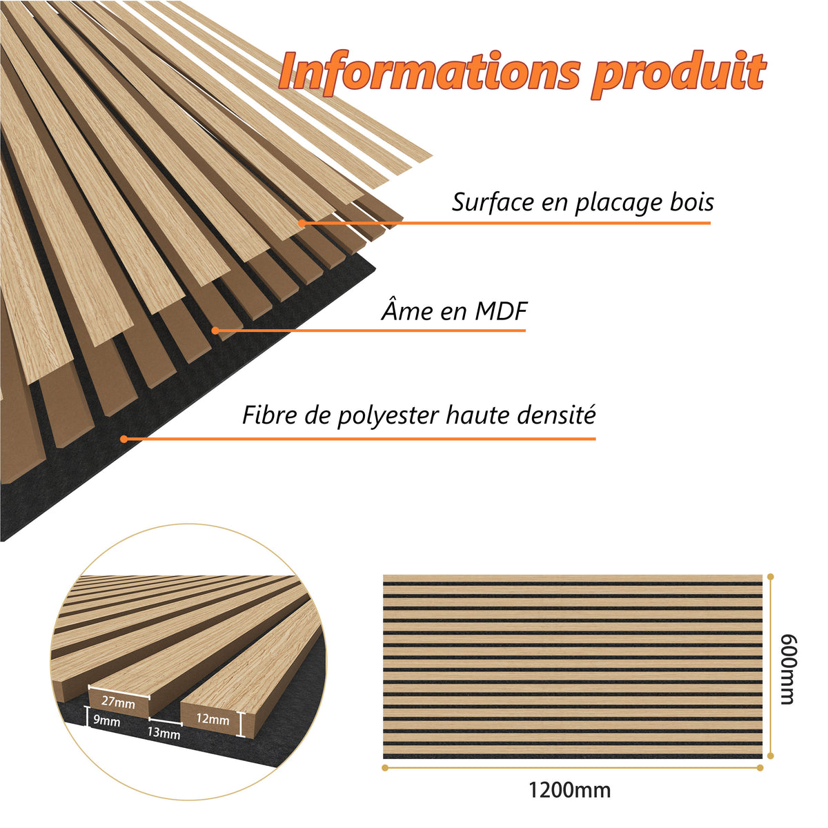 Panneaux acoustique décoratif tasseaux bois finition chêne clair absoption sonore NRC 0,7
