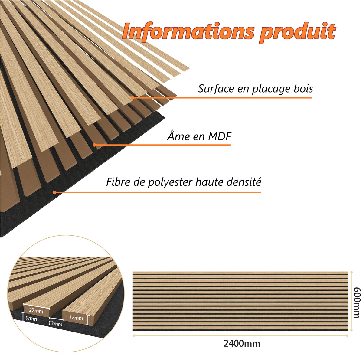 Panneaux acoustique décoratif tasseaux bois finition chêne clair absoption sonore NRC 0,7