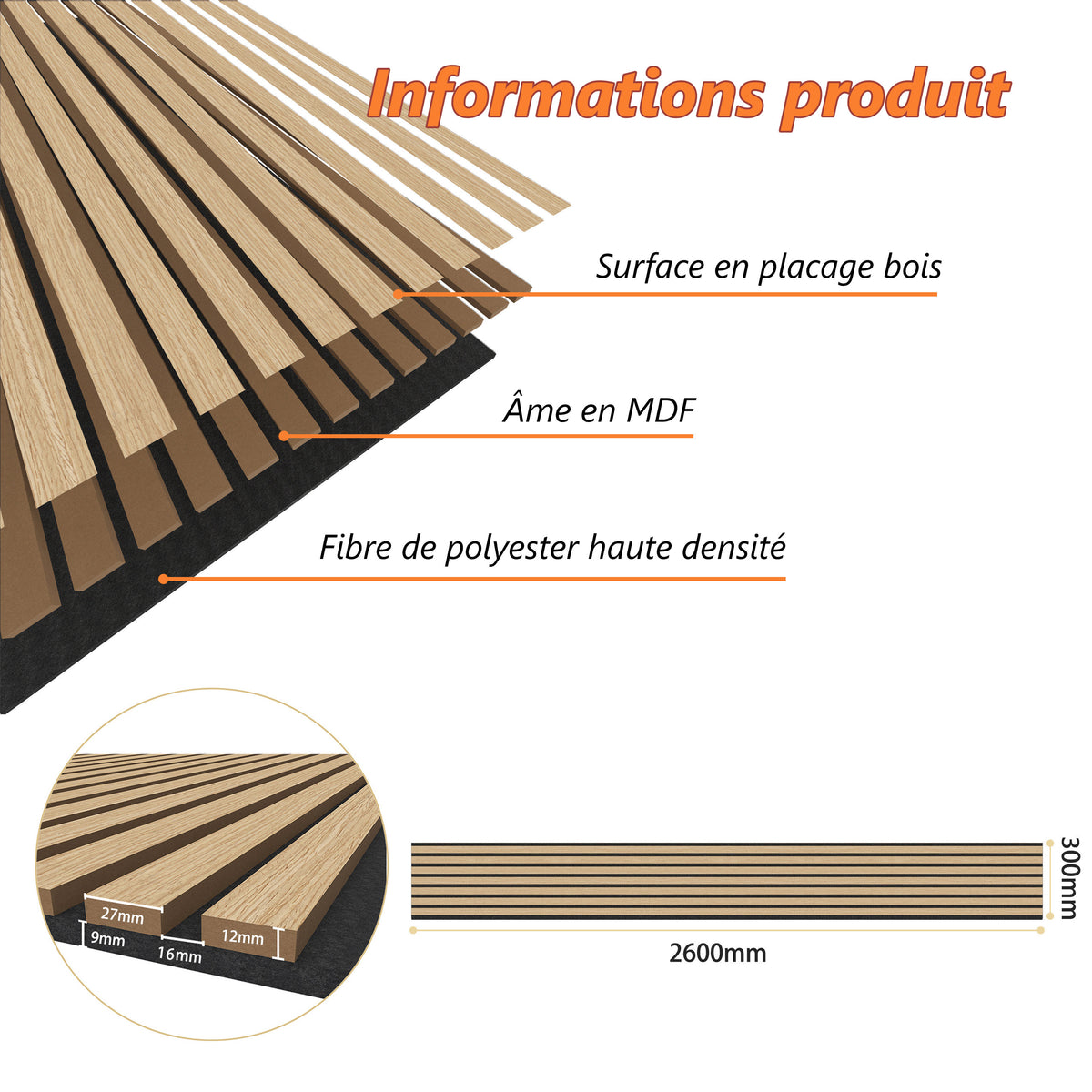 Panneaux acoustique décoratif tasseaux bois finition chêne clair absoption sonore NRC 0,7