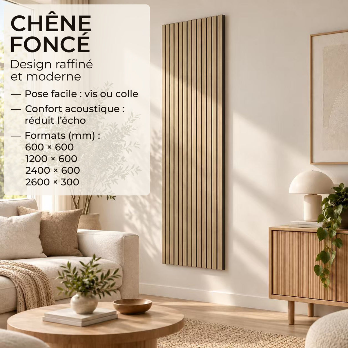 Panneaux acoustique décoratif tasseaux bois finition chêne foncé absoption sonore NRC 0,7