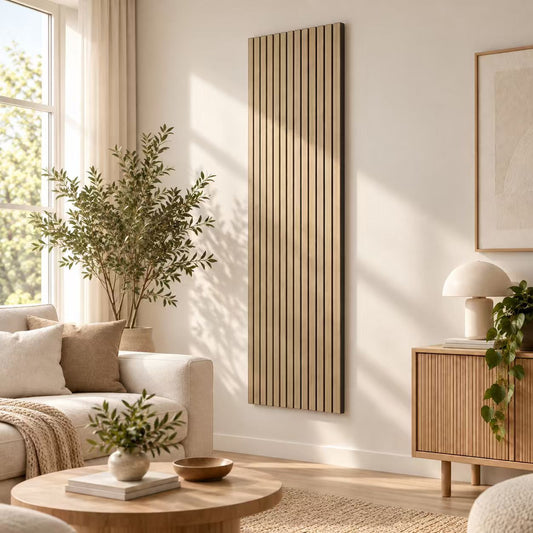 Panneaux acoustique décoratif tasseaux bois finition chêne foncé absoption sonore NRC 0,7