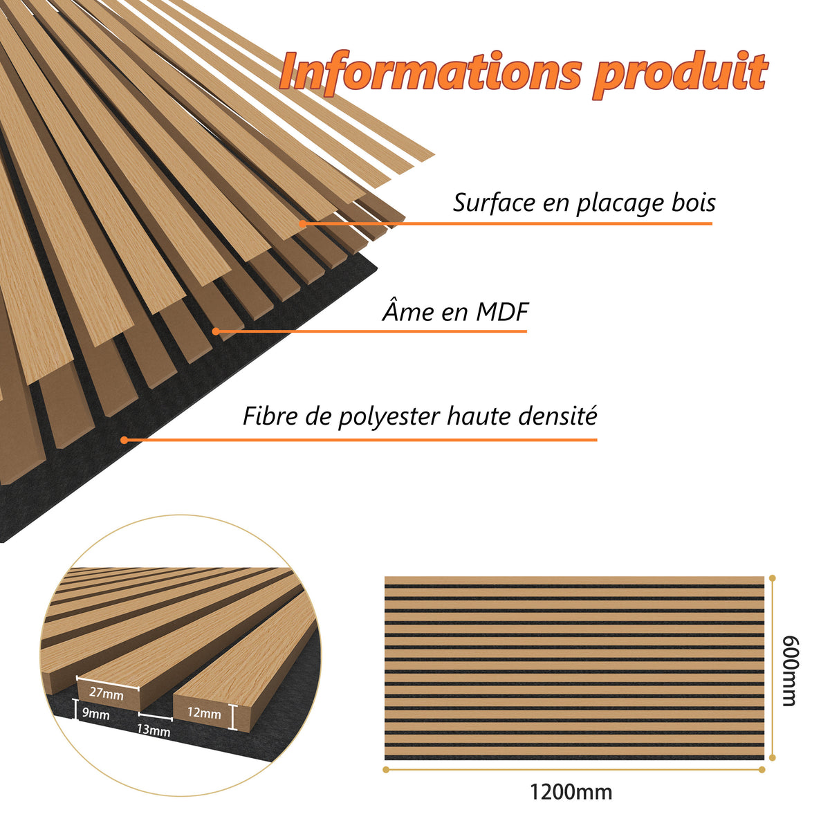 Panneaux acoustique décoratif tasseaux bois finition chêne foncé absoption sonore NRC 0,7