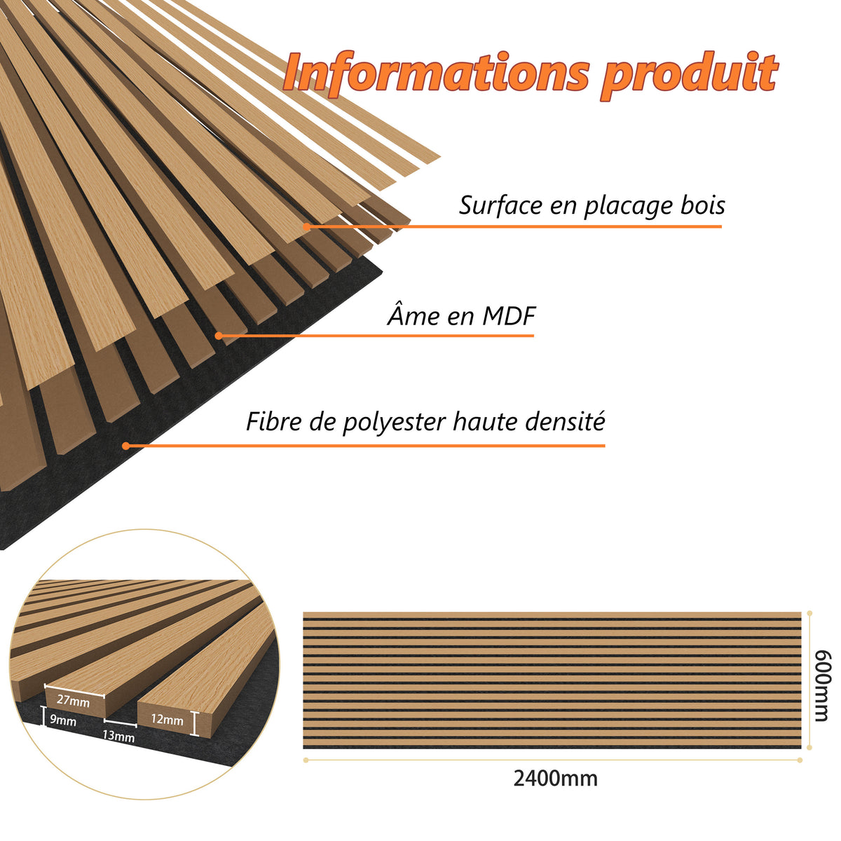 Panneaux acoustique décoratif tasseaux bois finition chêne foncé absoption sonore NRC 0,7