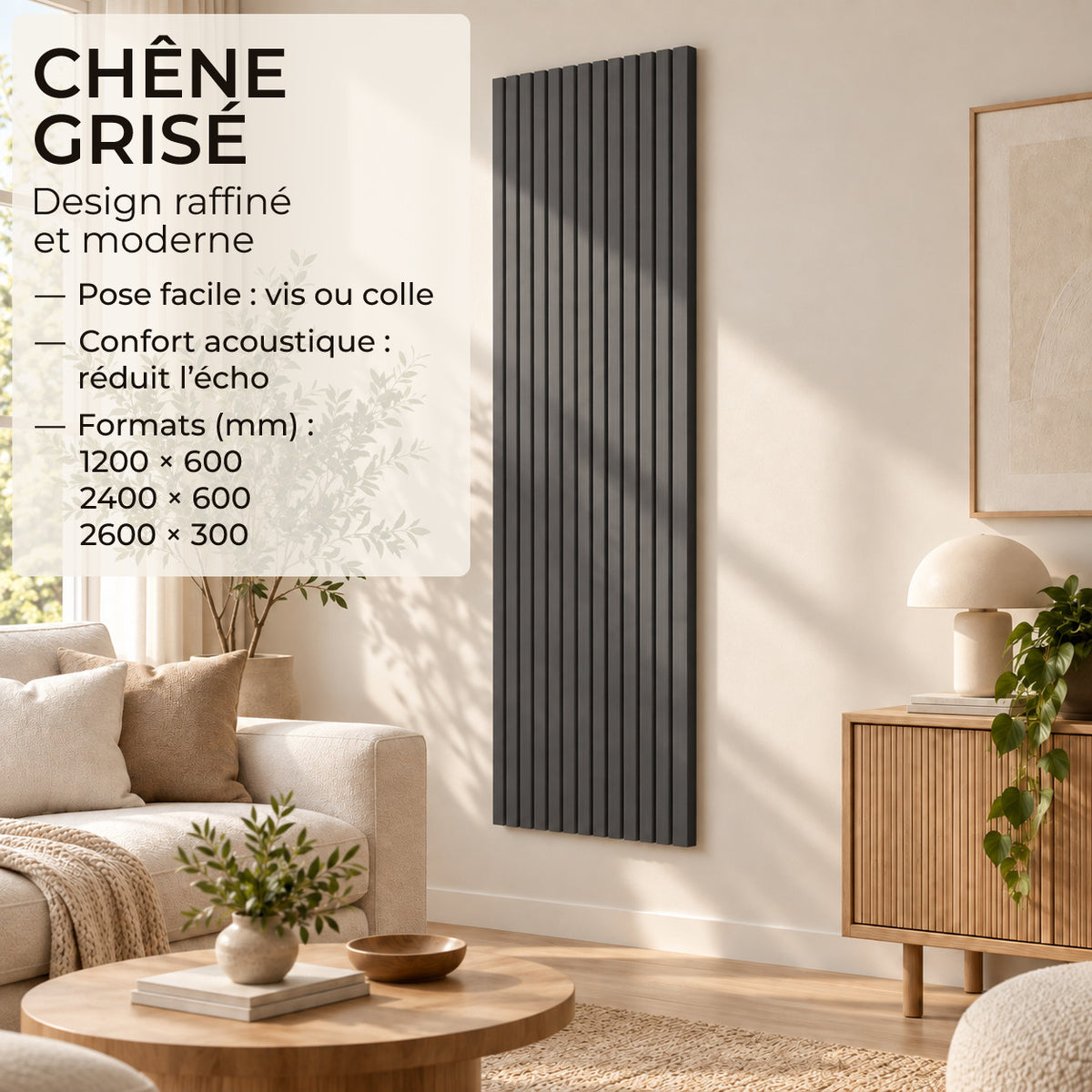 Panneaux acoustique décoratif tasseaux bois finition chêne grisé absoption sonore NRC 0,7