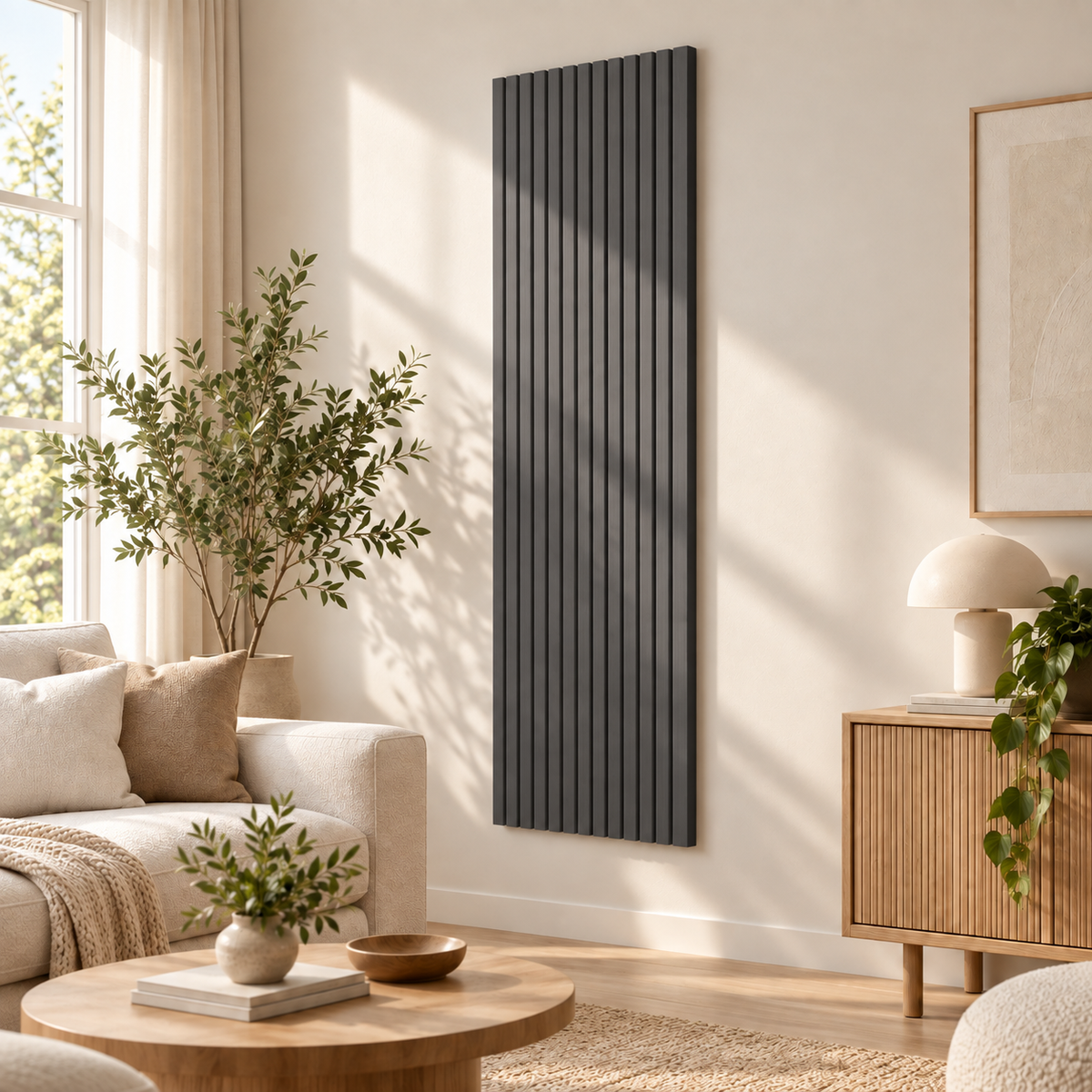 Panneaux acoustique décoratif tasseaux bois finition chêne grisé absoption sonore NRC 0,7