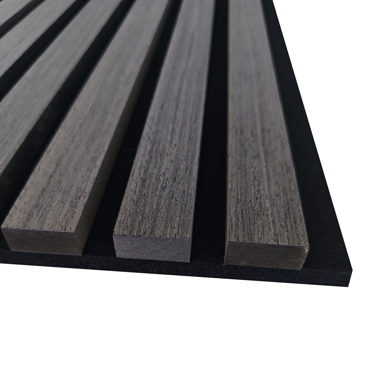 Panneaux acoustique décoratif tasseaux bois finition chêne grisé absoption sonore NRC 0,7