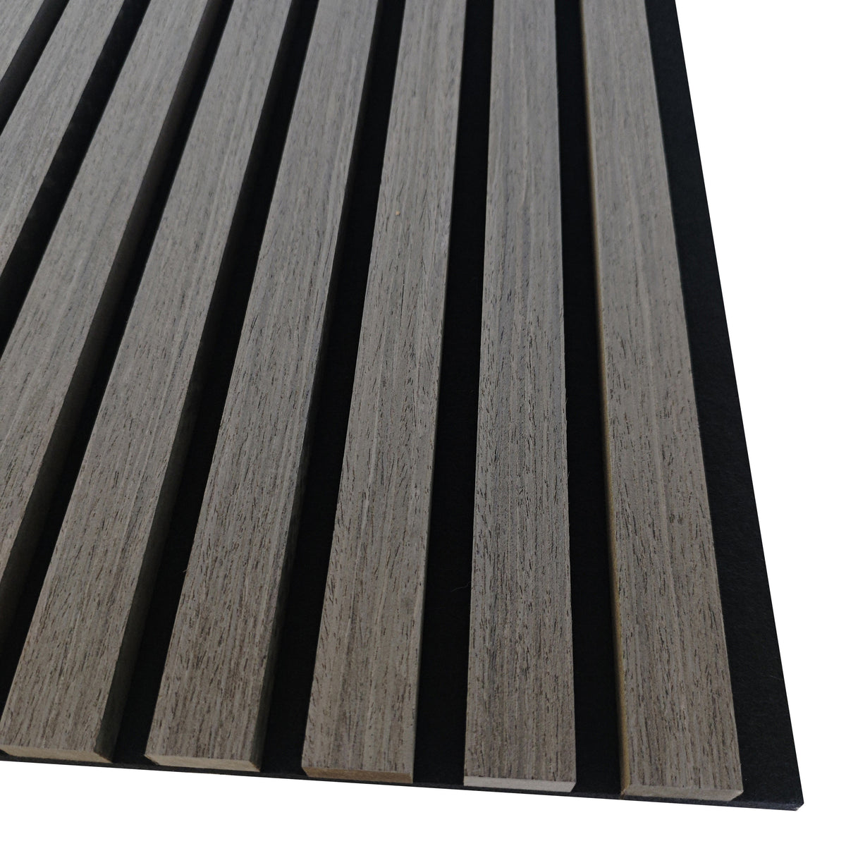 Panneaux acoustique décoratif tasseaux bois finition chêne grisé absoption sonore NRC 0,7