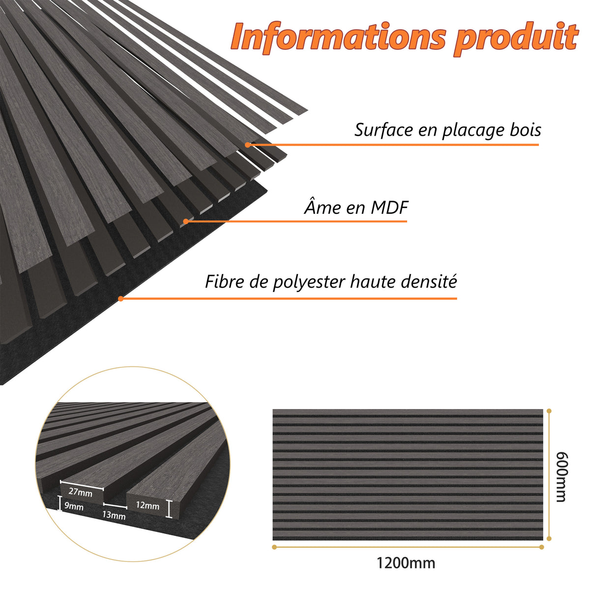 Panneaux acoustique décoratif tasseaux bois finition chêne grisé absoption sonore NRC 0,7