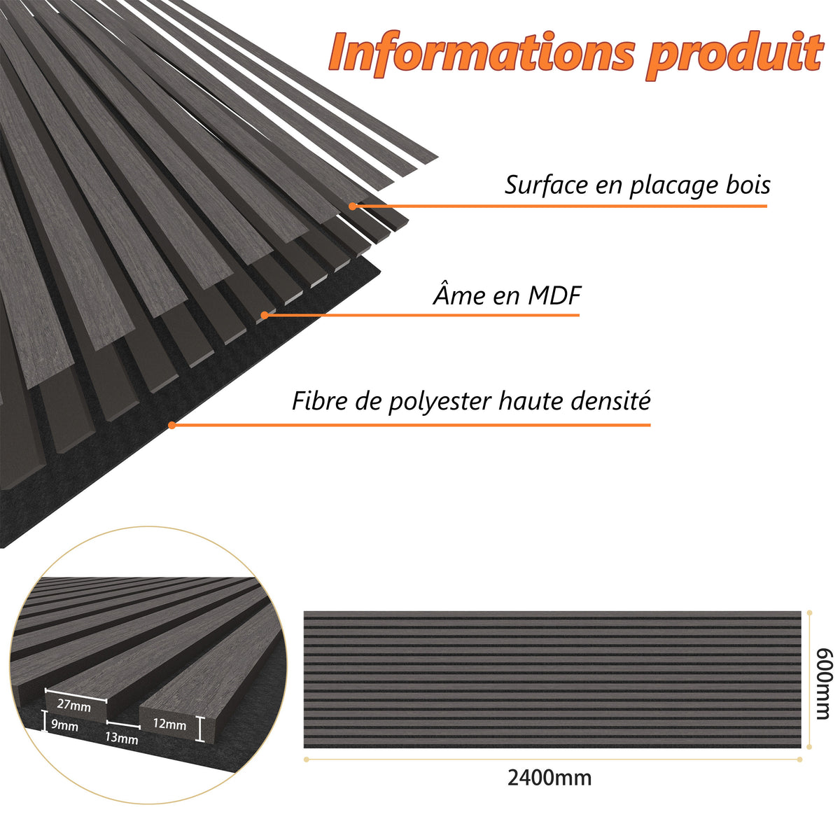 Panneaux acoustique décoratif tasseaux bois finition chêne grisé absoption sonore NRC 0,7
