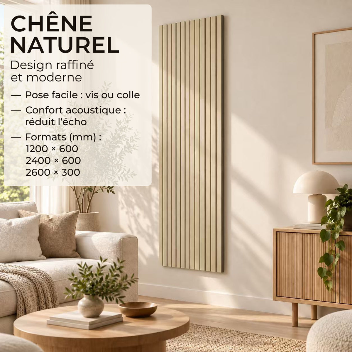 Panneaux acoustique décoratif tasseaux bois finition chêne naturel absoption sonore NRC 0,7