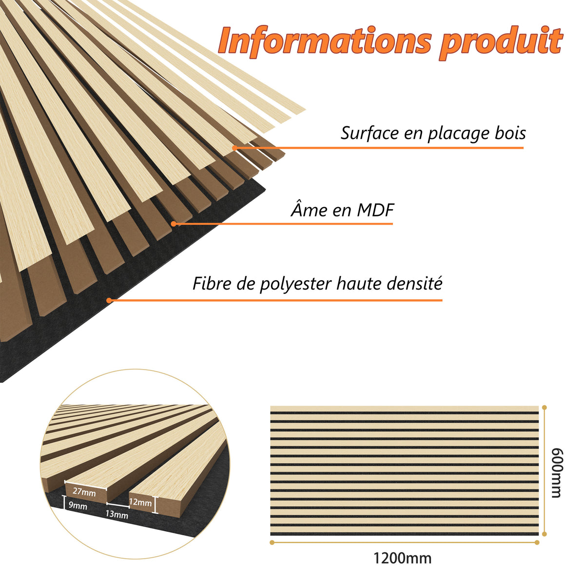 Panneaux acoustique décoratif tasseaux bois finition chêne naturel absoption sonore NRC 0,7