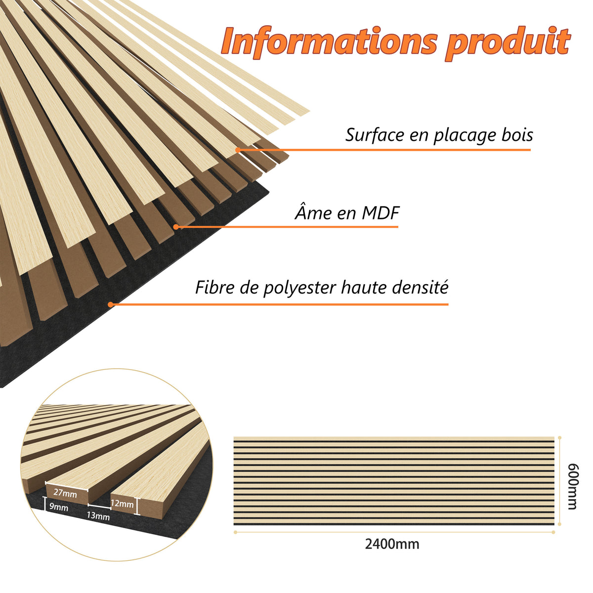 Panneaux acoustique décoratif tasseaux bois finition chêne naturel absoption sonore NRC 0,7