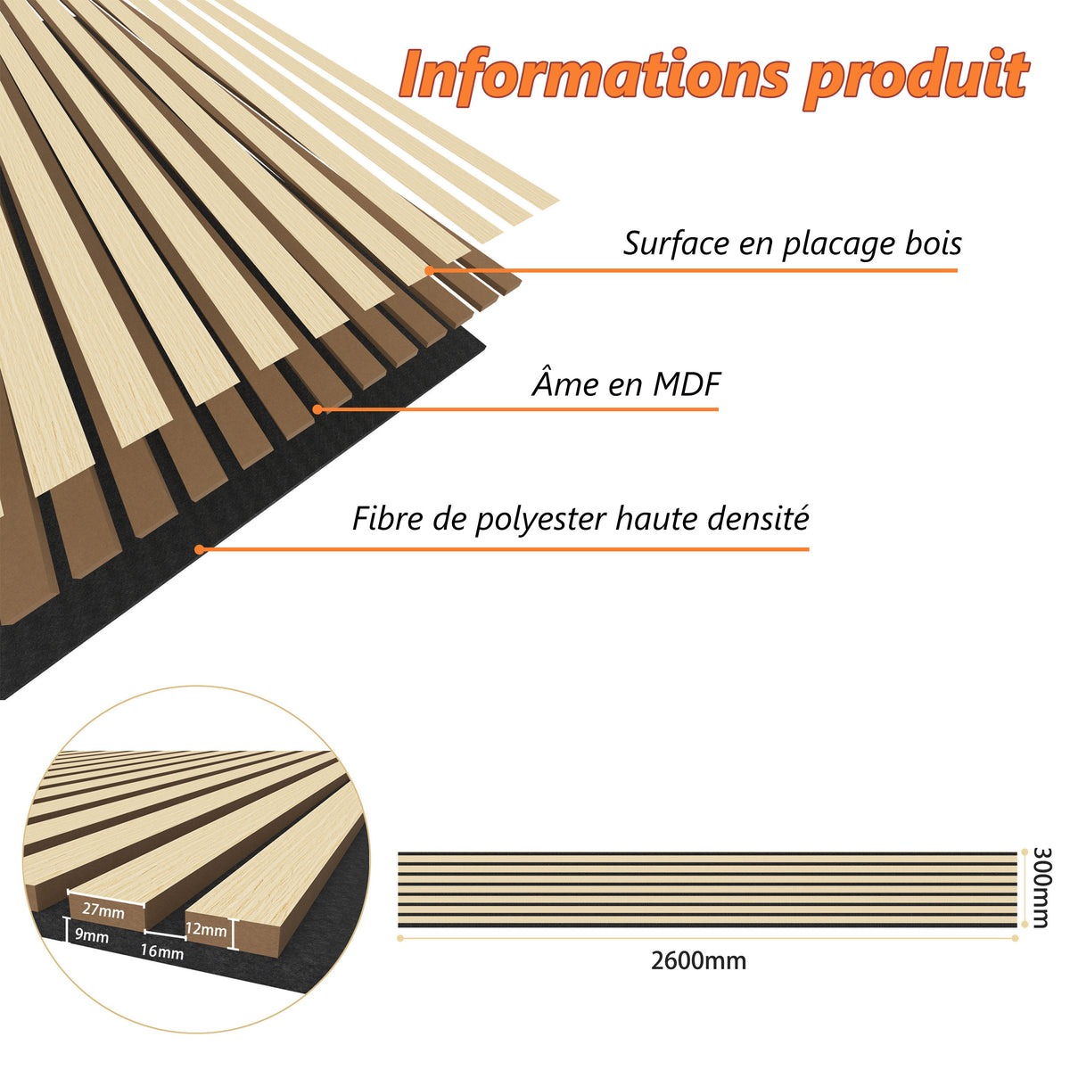 Panneaux acoustique décoratif tasseaux bois finition chêne naturel absoption sonore NRC 0,7