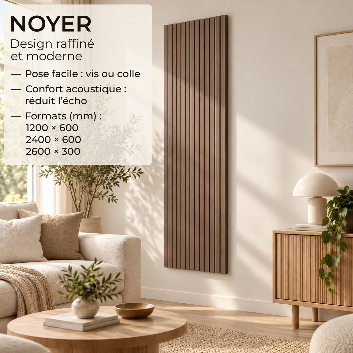 Panneaux acoustiques décoratifs à tasseaux bois, finition noyer, absorption sonore NRC 0,7