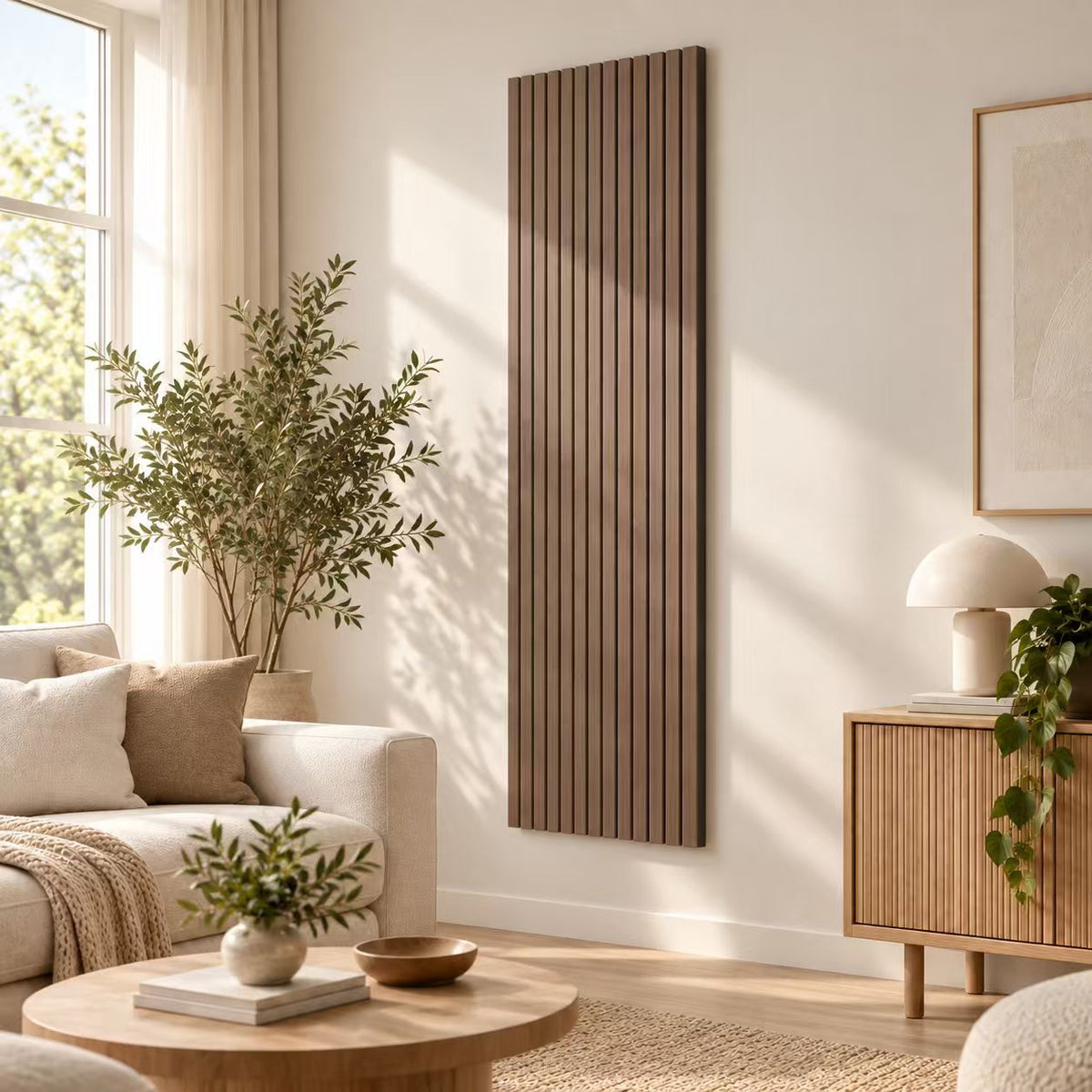 Panneaux acoustiques décoratifs à tasseaux bois, finition noyer, absorption sonore NRC 0,7