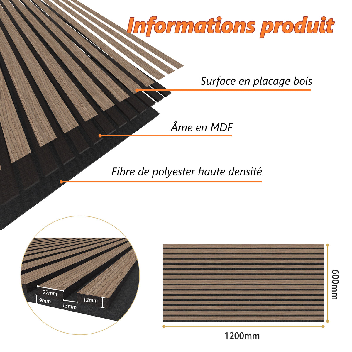Panneaux acoustiques décoratifs à tasseaux bois, finition noyer, absorption sonore NRC 0,7
