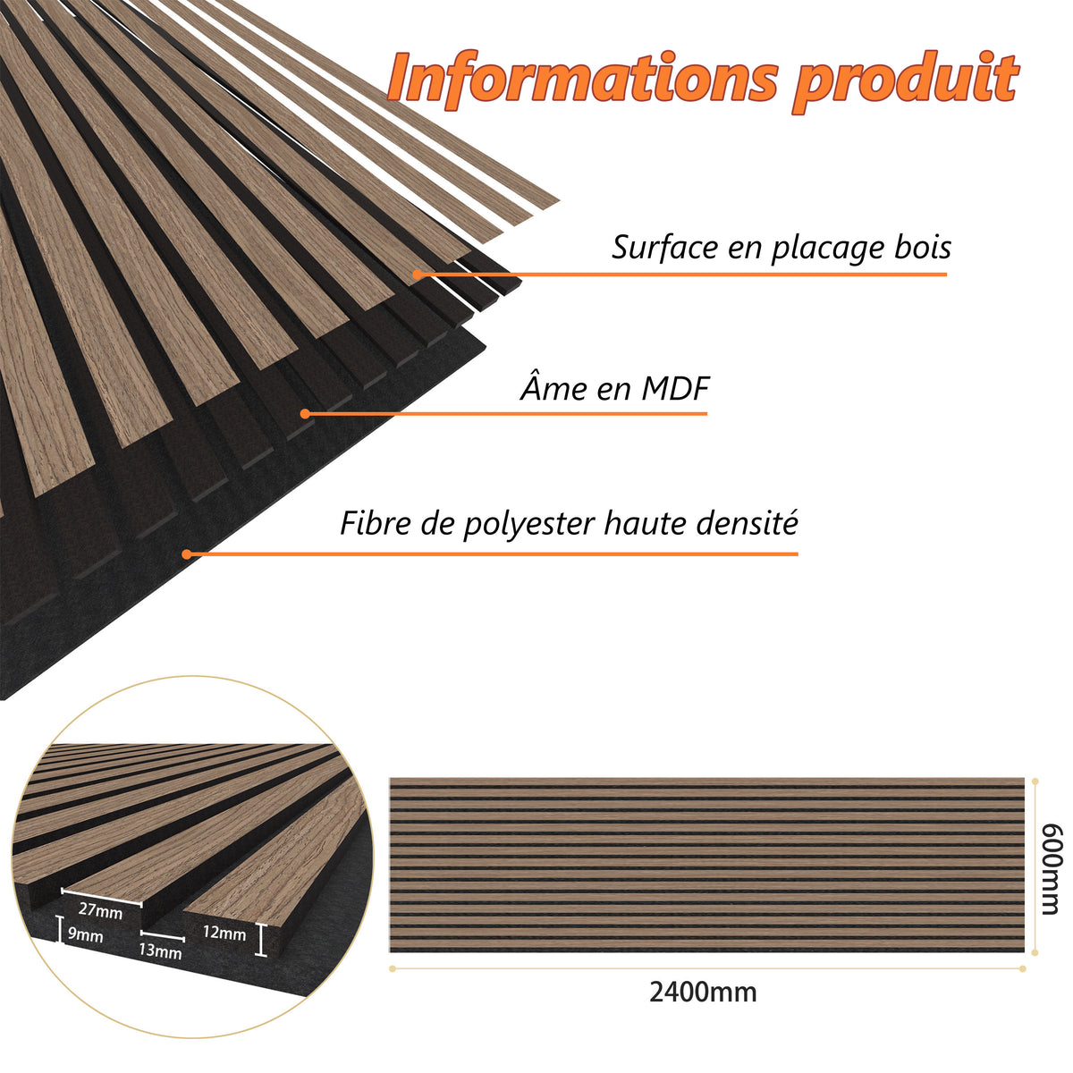 Panneaux acoustiques décoratifs à tasseaux bois, finition noyer, absorption sonore NRC 0,7
