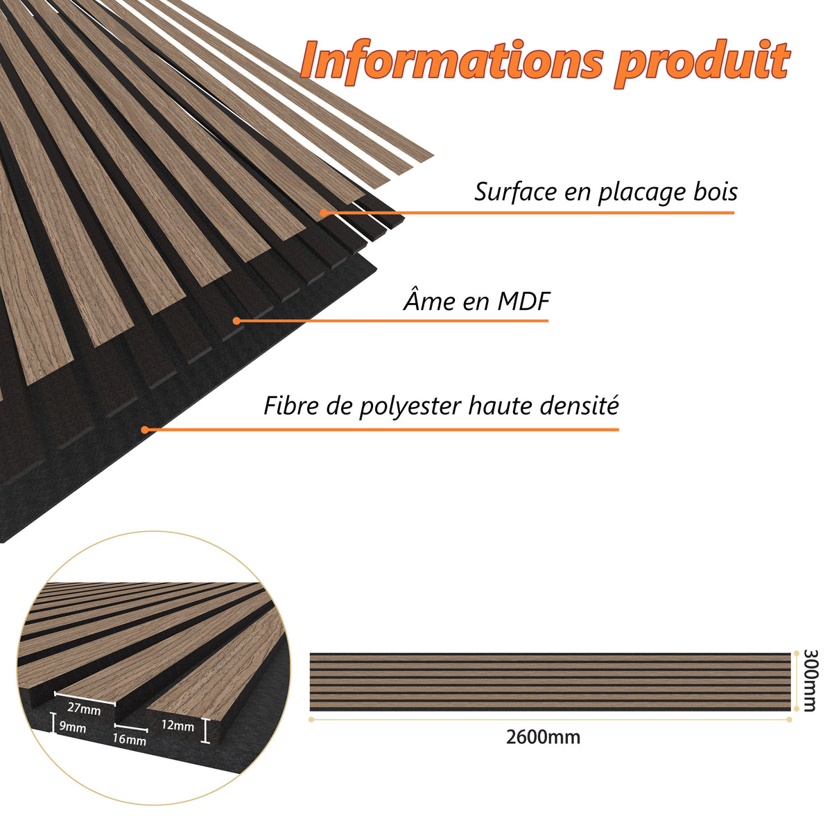 Panneaux acoustiques décoratifs à tasseaux bois, finition noyer, absorption sonore NRC 0,7