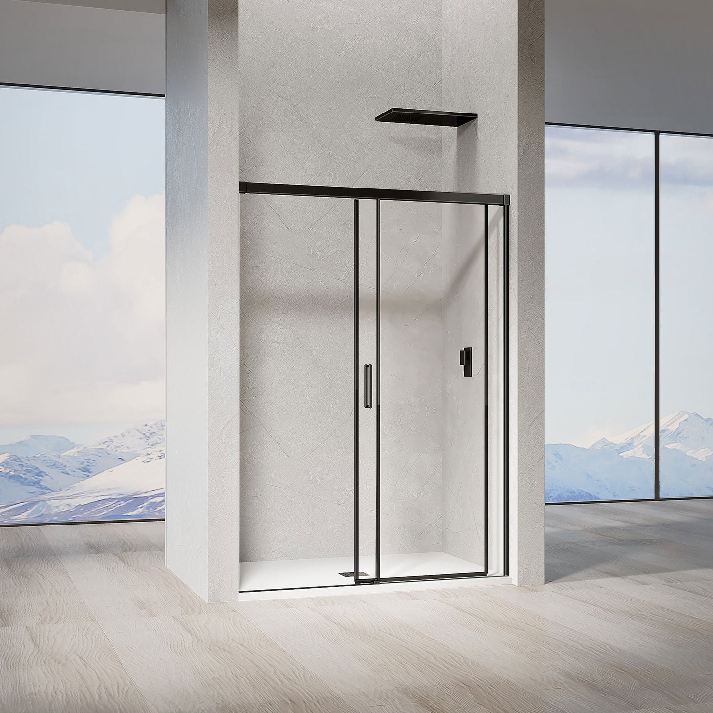Porte de douche pour installation en niche profilés noirs mat ouverture coulissante ouverte