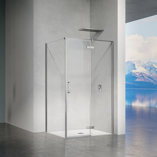 Cabine de douche en verre transparent avec porte pivotante vers la droite et paroi latérale fixe