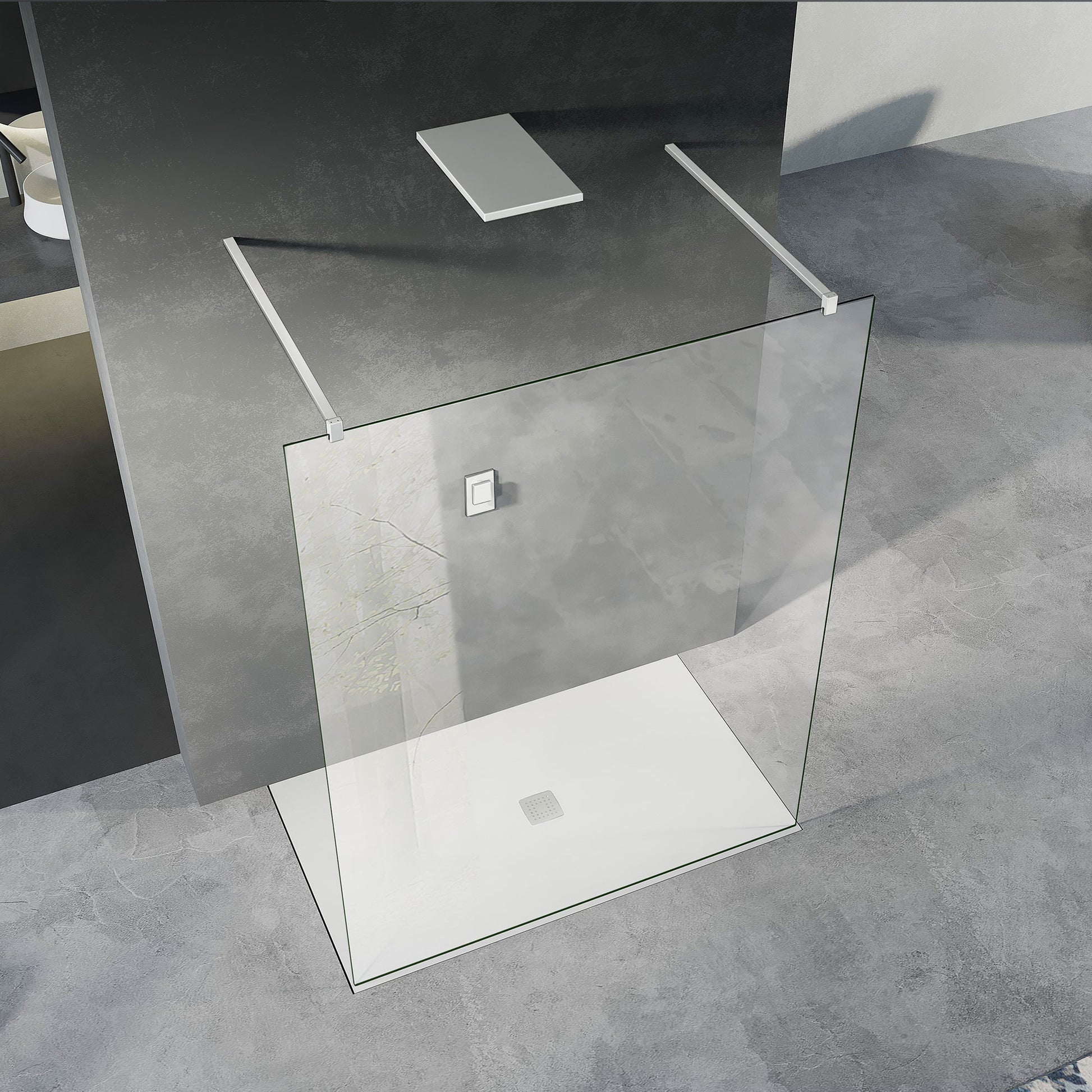 GRAND VERRE paroi de douche en verre sans cadre avec deux barres de fixation en alu blanc mat
