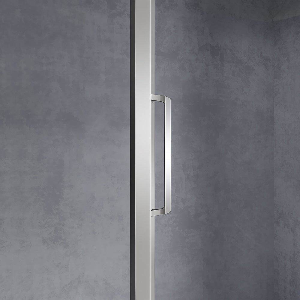 Poignée design nouvelle collection cabine de douche en L porte coulissante et paroi fixe profilés chromés aspect inox 