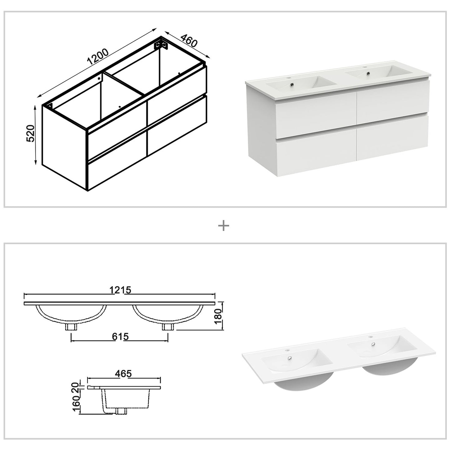 Meuble de salle de bain, Meuble de rangement avec lavabo suspendu 120cm, Blanc anthracite ou Bois Clair