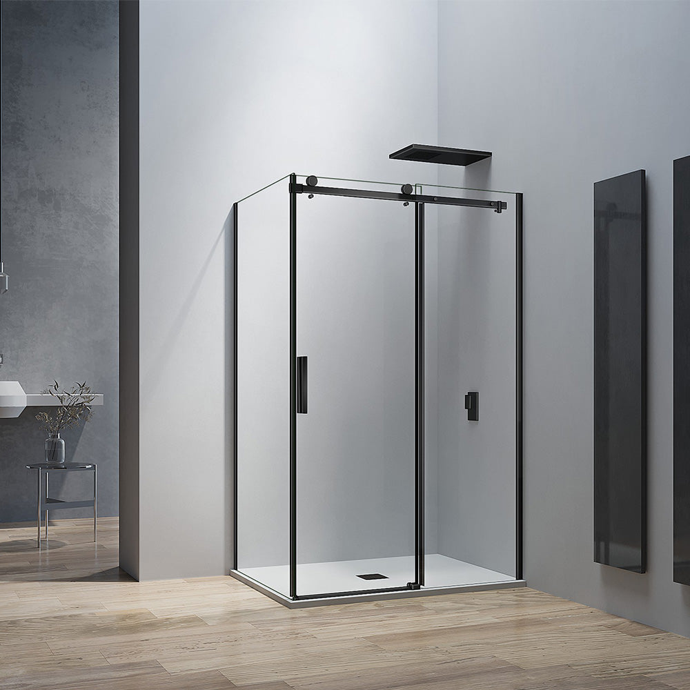 cabine de douche en verre trempé 8 mm avec porte coulissante et paroi fixe, accessoires et profilés en aluminium noir mat