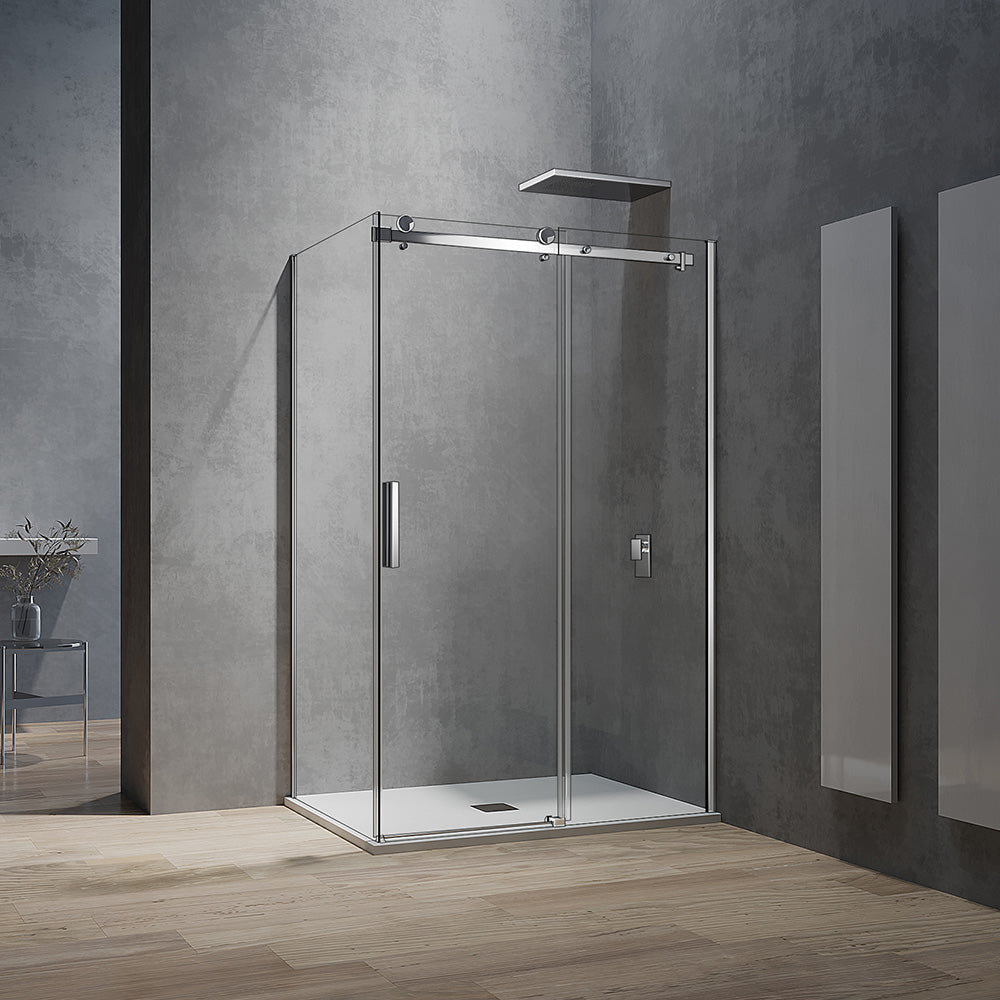 cabine de douche en verre securit 8 mm avec porte coulissante et paroi fixe profilés et accessoires