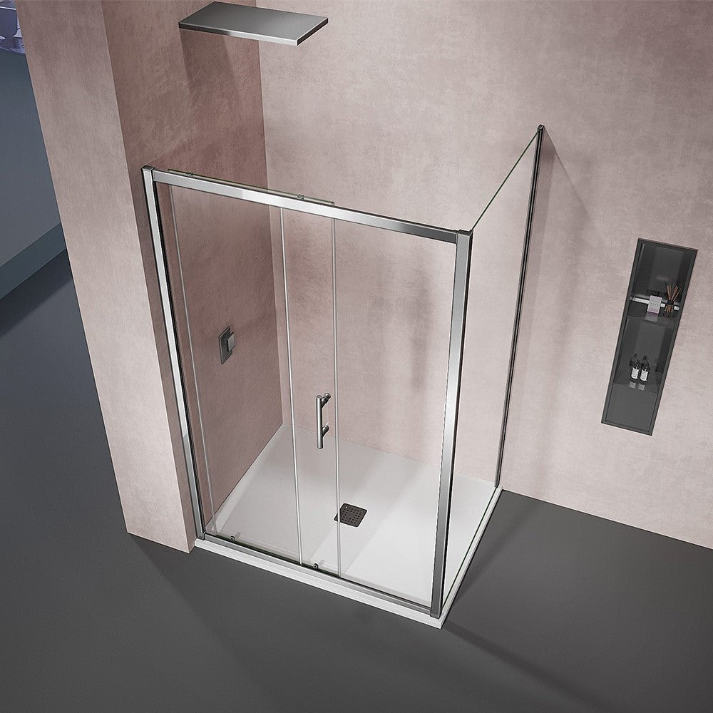 cabine de douche en L avec porte coulissante et paroi latérale fixe hauteur 190cm poignée en inox et profilés en aluminium