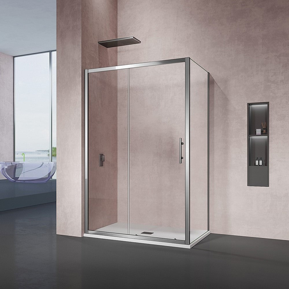 cabine de douche en verre securit 5mm transparent anticalcaire avec porte coulissante et parroi latérale fixe profilés et accessoires en aluminium chromé