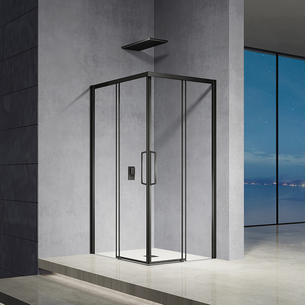 Cabine de douche en verre securit 6mm transparent anticalcaire profilés et accessoires aluminium noir mat nouvelle collection hauteur 185cm