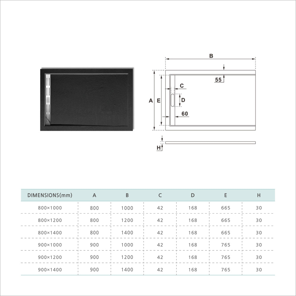 Tableau des dimensions disponibles pour le receveur de douche noir extraplat