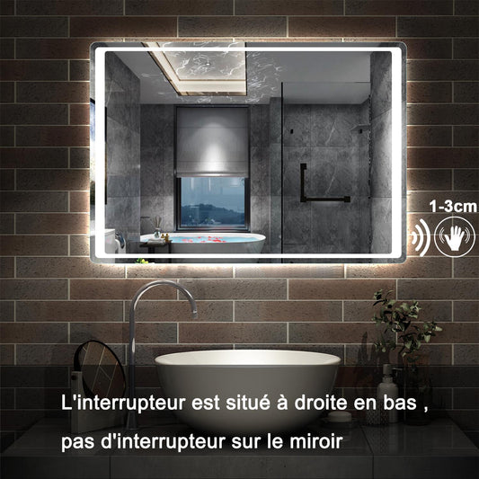 Miroir mural de salle de bain, illumination LED 6000K Lumière blanche