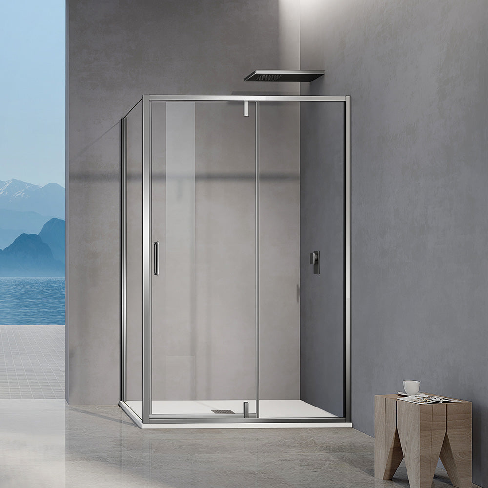 Cabine de douche avec cadre en alu composée d'une porte pivotante, élément fixe et paroi latérale