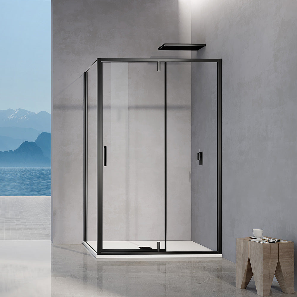 Cabine de douche avec cadre en aluminium noir mat porte pivotante avec élément fixe