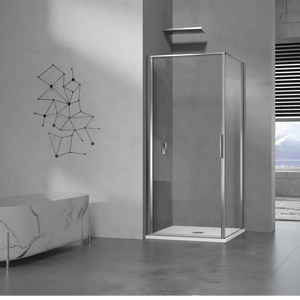 cabine de douche en verre securit 6mm transparent hauteur 190cm avec porte pivotante et paroi latérale fixe-profilés chromés